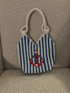 Beaded Striped Anchor Tote Bag - Blue & Red